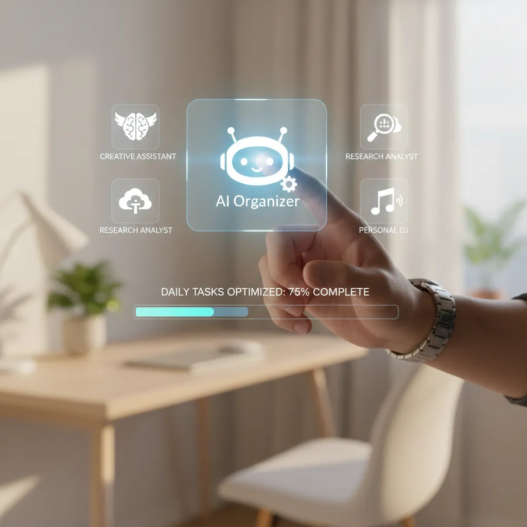 Human hand interacting with a holographic display of AI agent icons for personalized daily task management