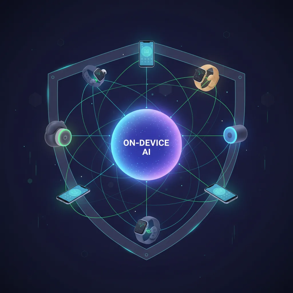 A network of interconnected personal devices like a laptop, smartphone, and watch, all glowing and sharing data within a secure, private bubble.