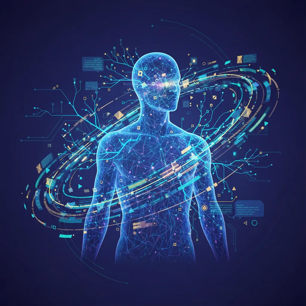 Stylized image of data flow and neural networks around a human, representing AI learning