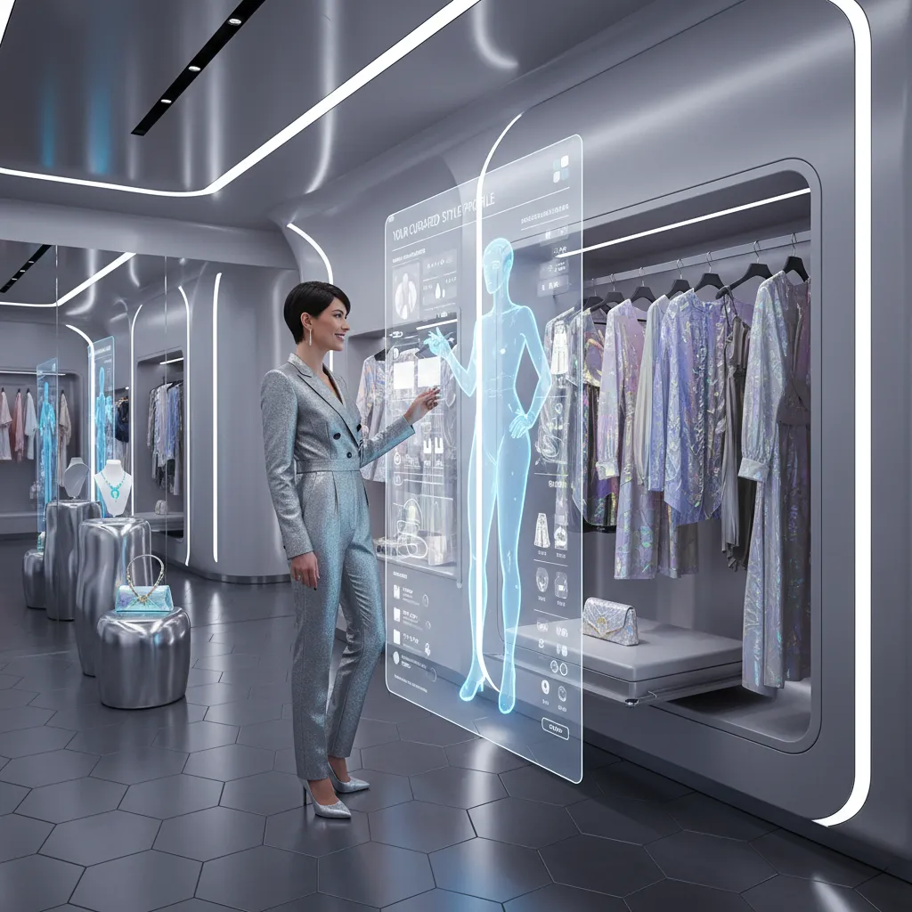 Customer receiving personalized styling advice from an AI hologram in a high-tech retail boutique.