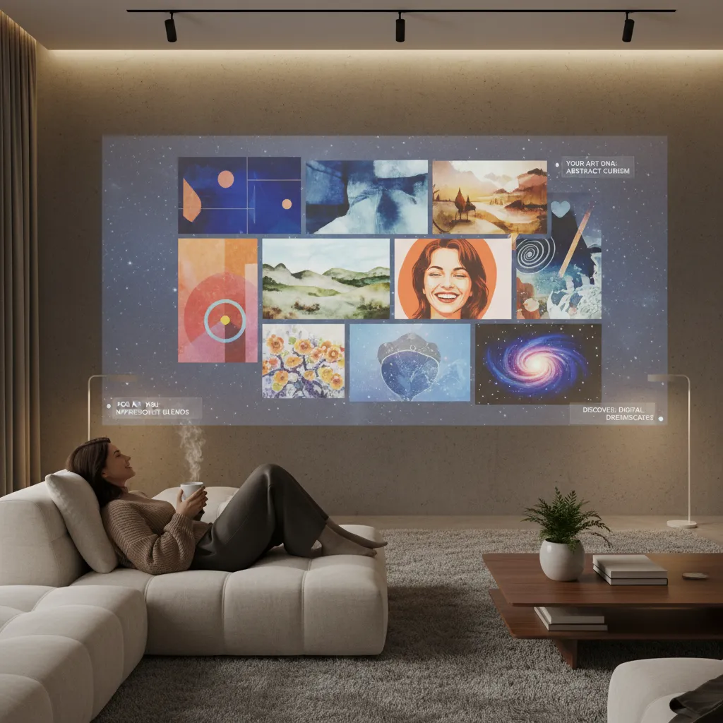 A person sitting in a modern living room, looking at a large screen displaying a curated selection of art personalized to their taste