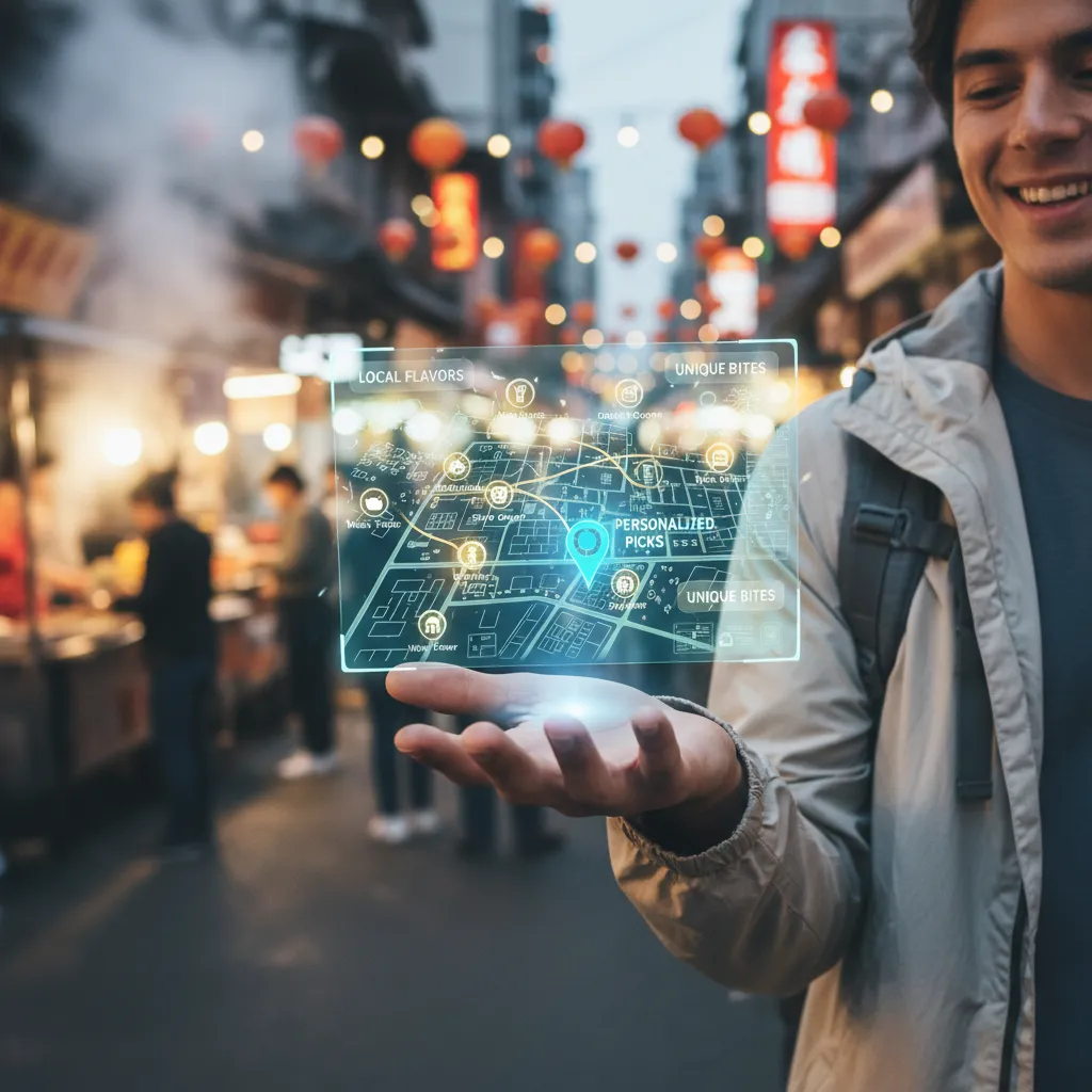 AI-powered holographic map showing personalized food recommendations in a bustling market.