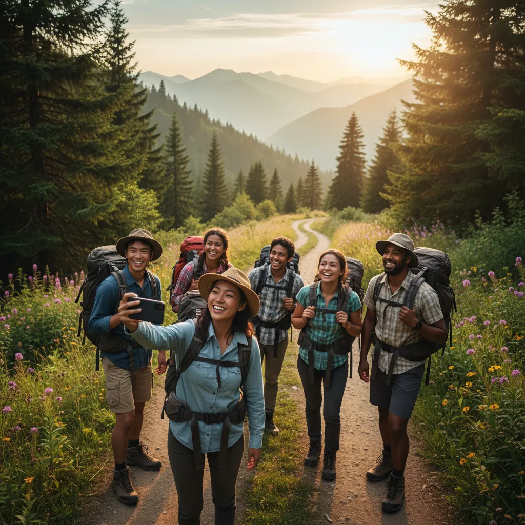 Friends hiking on a mountain trail, smiling, with a clear path ahead.