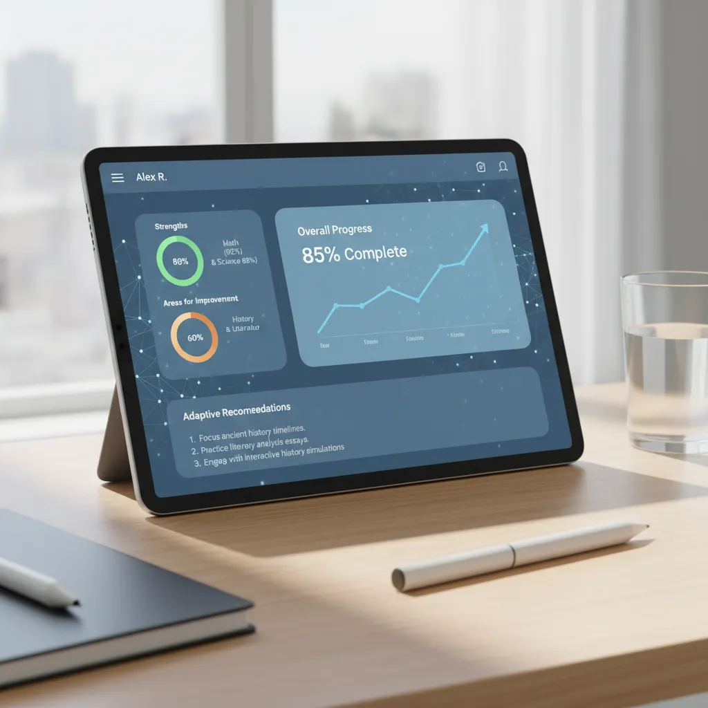 AI dashboard showing detailed student learning analytics, progress charts, and recommended study modules.