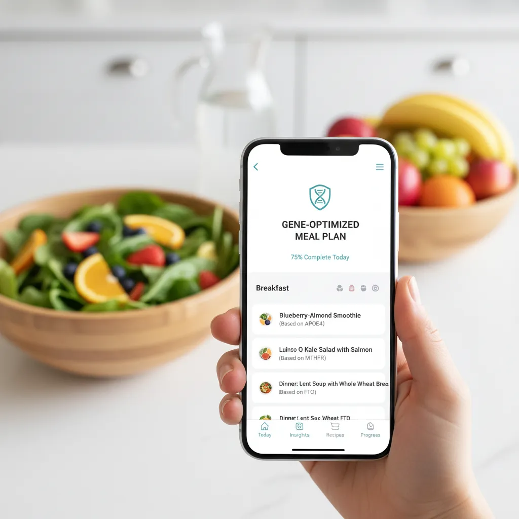 Hand holding smartphone with personalized nutrition app showing custom meal plan.