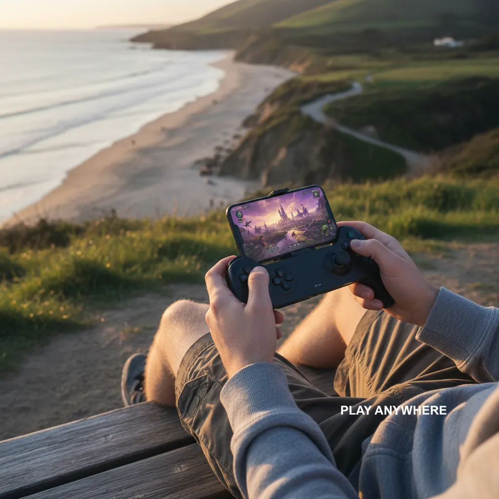 A person sitting in a park on a sunny day, playing a graphically intense adventure game on their smartphone with a connected controller, demonstrating the freedom of cloud gaming.