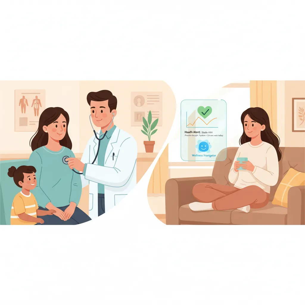 Split image depicting traditional doctor visit versus AI-powered proactive health monitoring at home.