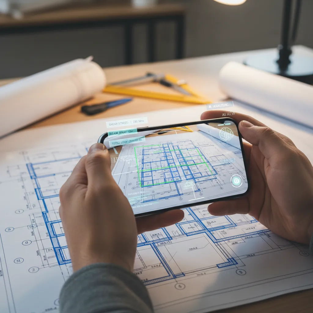 A smartphone using Project Astra's AI to scan and analyze a complex blueprint in real-time.
