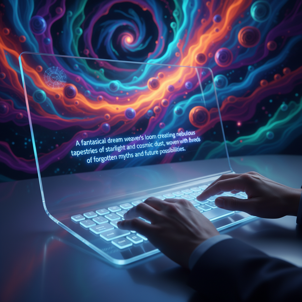 Hands typing creative text prompts for AI art generation.