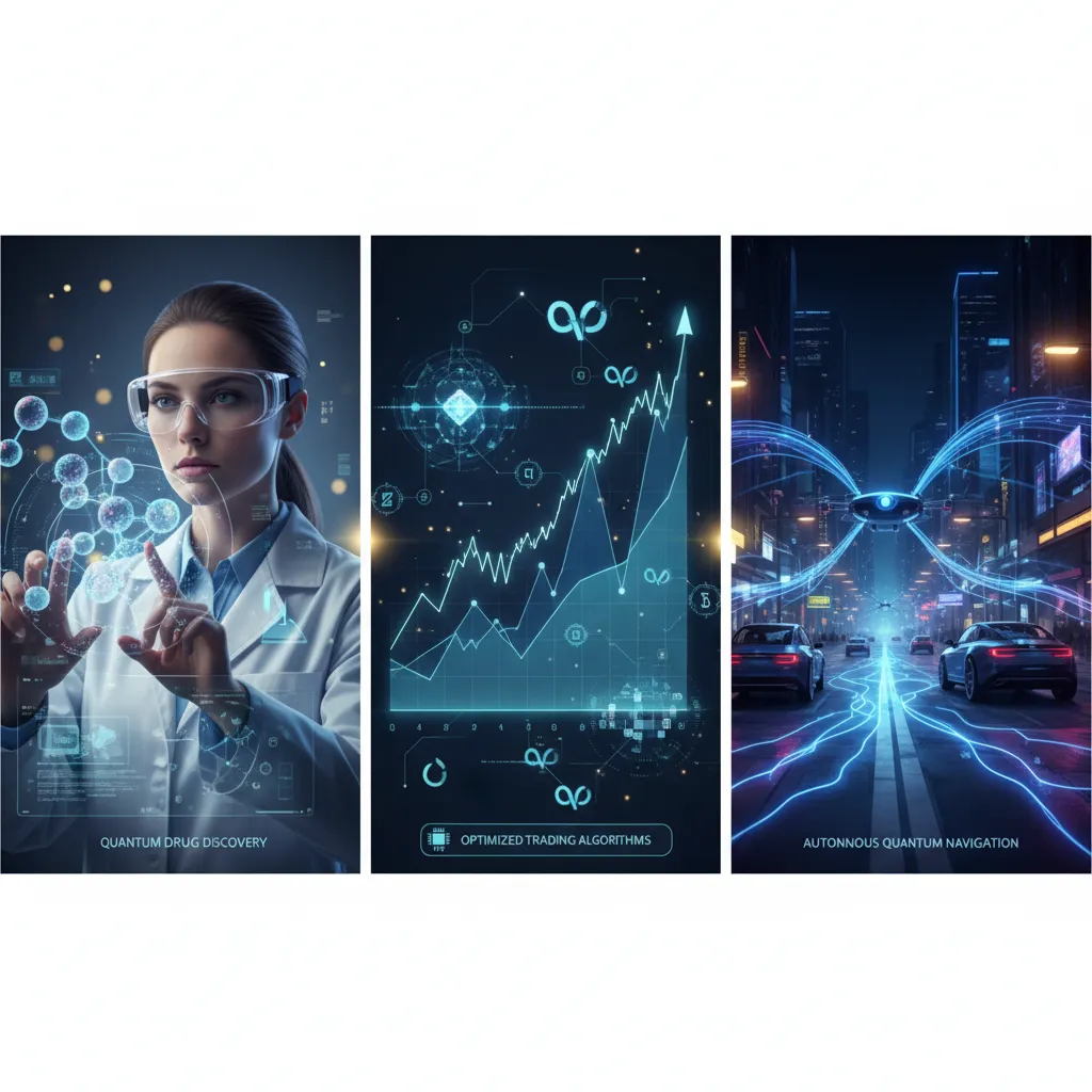 Scientist, financial graph, and autonomous vehicles showcasing quantum AI applications.