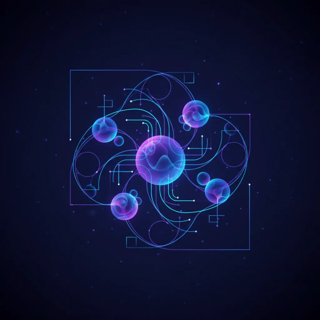 Visual representation of quantum entanglement and superposition, glowing nodes, energetic lines