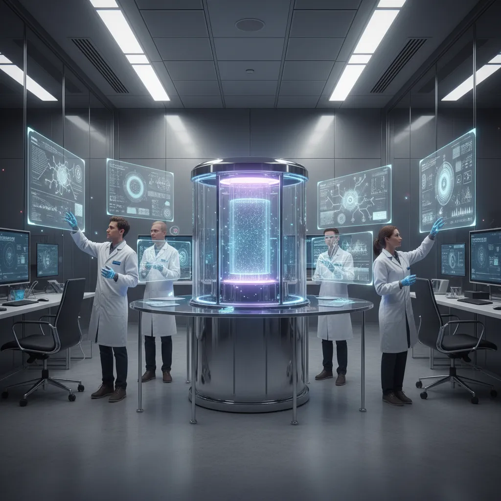 Scientists researching quantum algorithms in a futuristic lab
