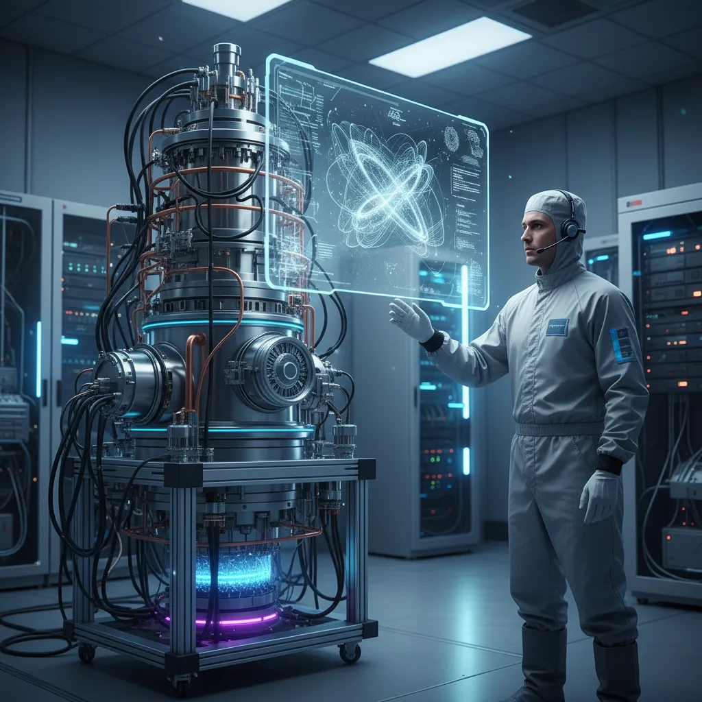 Scientist working in a quantum computing lab with a dilution refrigerator.