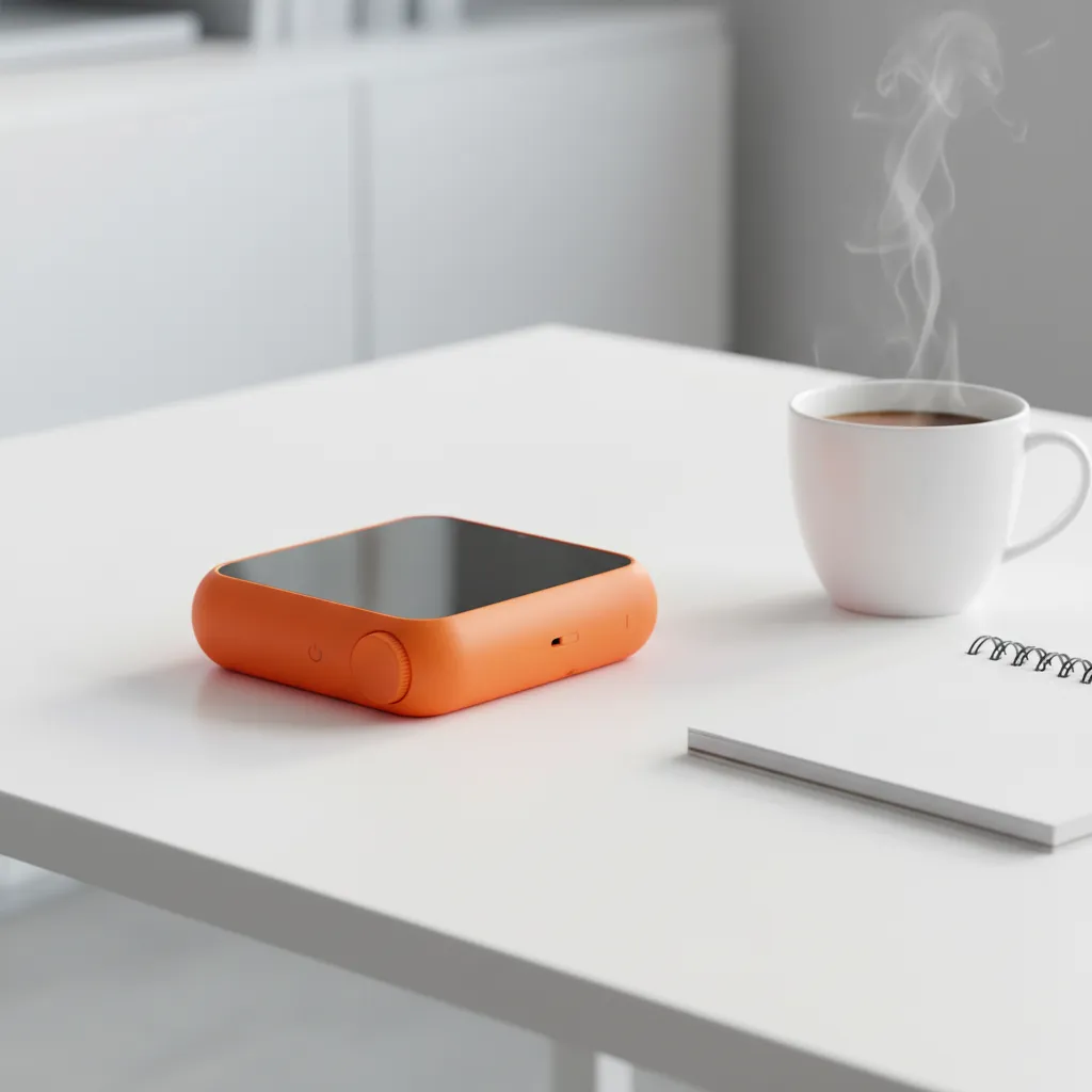 The Rabbit R1 device resting next to a cup of coffee, showcasing its bright orange design.