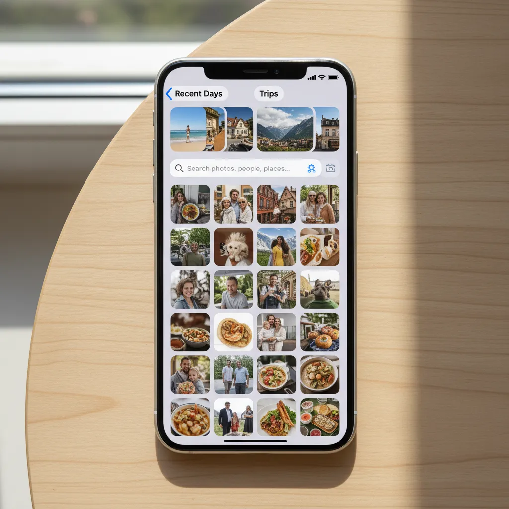 The redesigned Photos app in iOS 18, showing a cleanly organized gallery with automatic categorization and a prominent search bar.