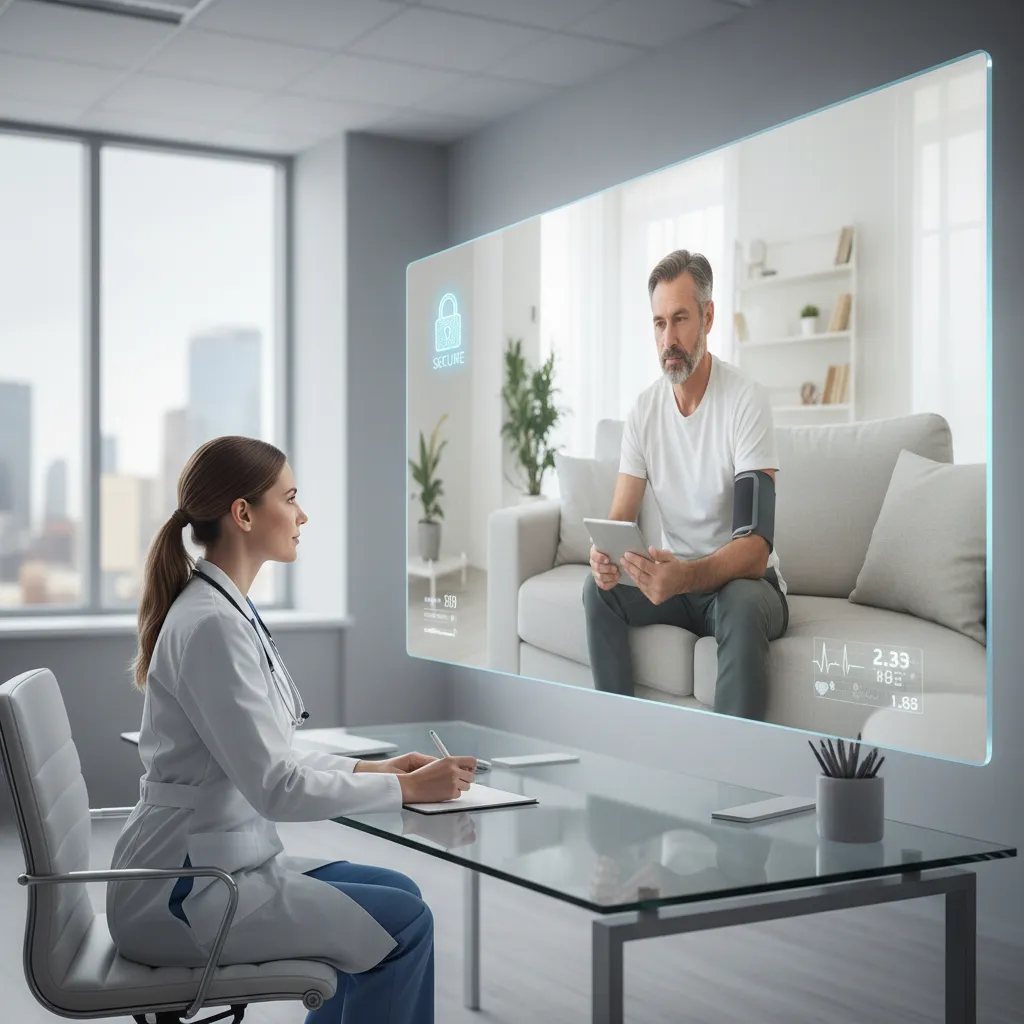 Doctor and patient in a virtual consultation using remote patient monitoring.
