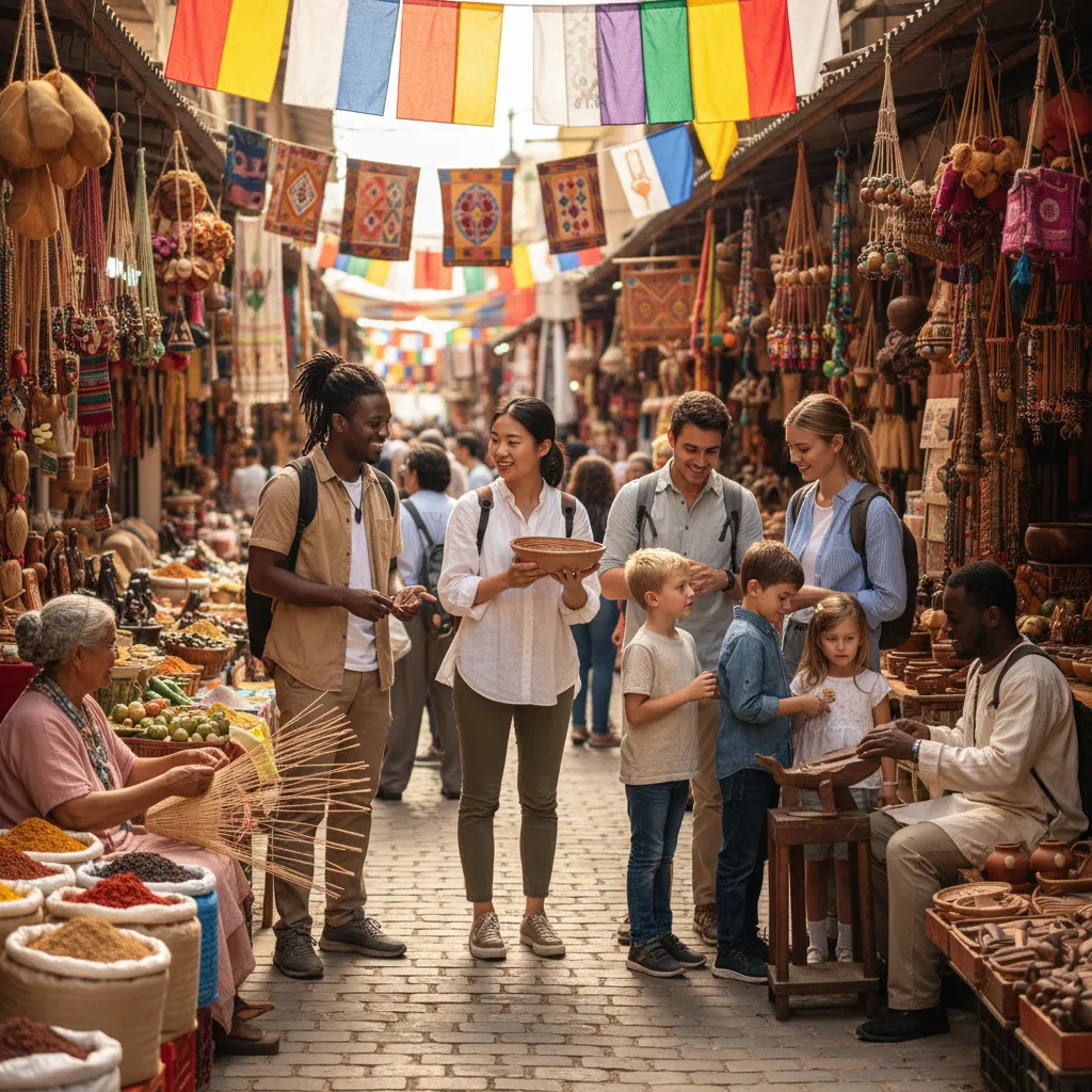 Travelers engaging with local artisans in a market.