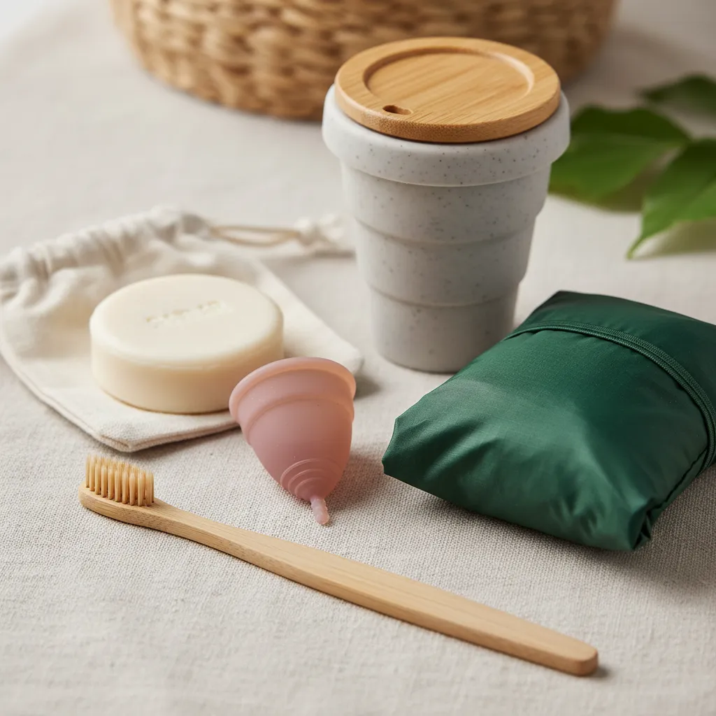 Assortment of zero-waste travel essentials like bamboo toothbrush and solid shampoo bar.