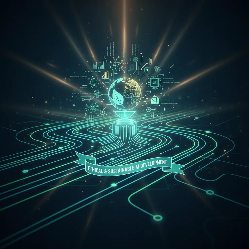 An abstract roadmap leading to a globe icon, symbolizing the future of sustainable AI development.