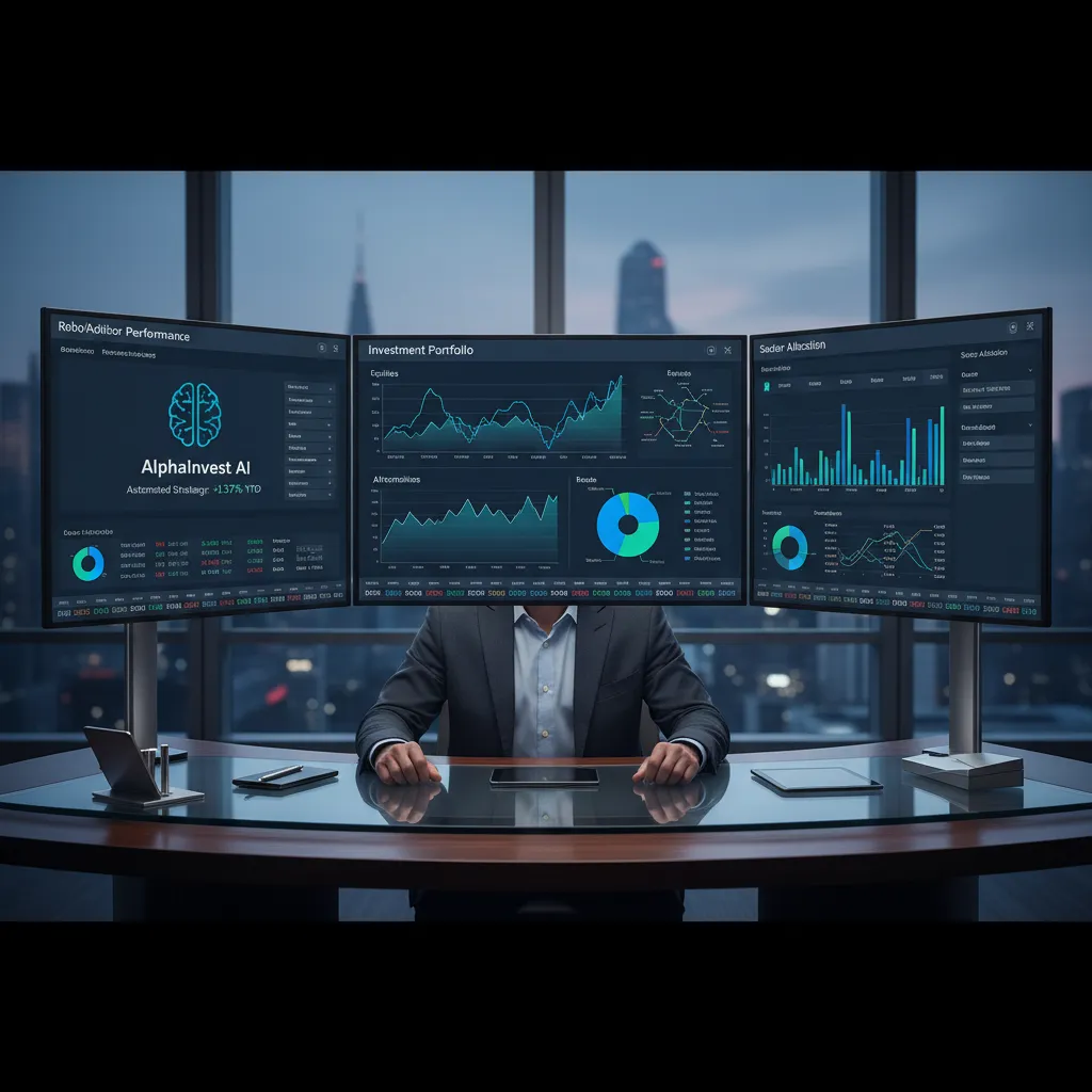 Person viewing investment portfolio dashboards with graphs and stock tickers.