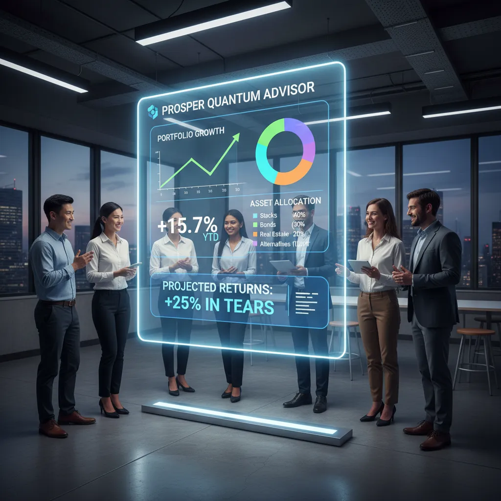 A diverse group of people looking at a large screen that shows a robo-advisor investment portfolio with positive growth charts.