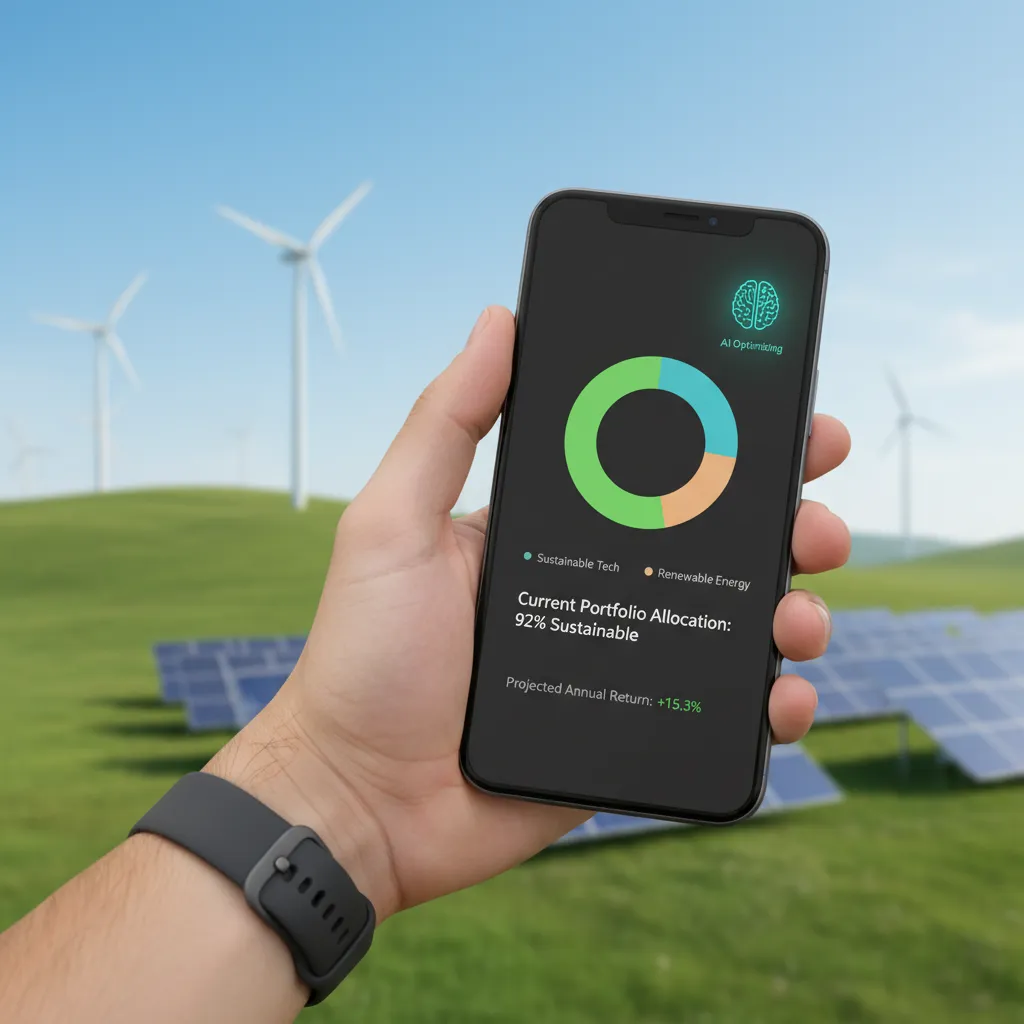Smartphone showing robo-advisor app with sustainable portfolio