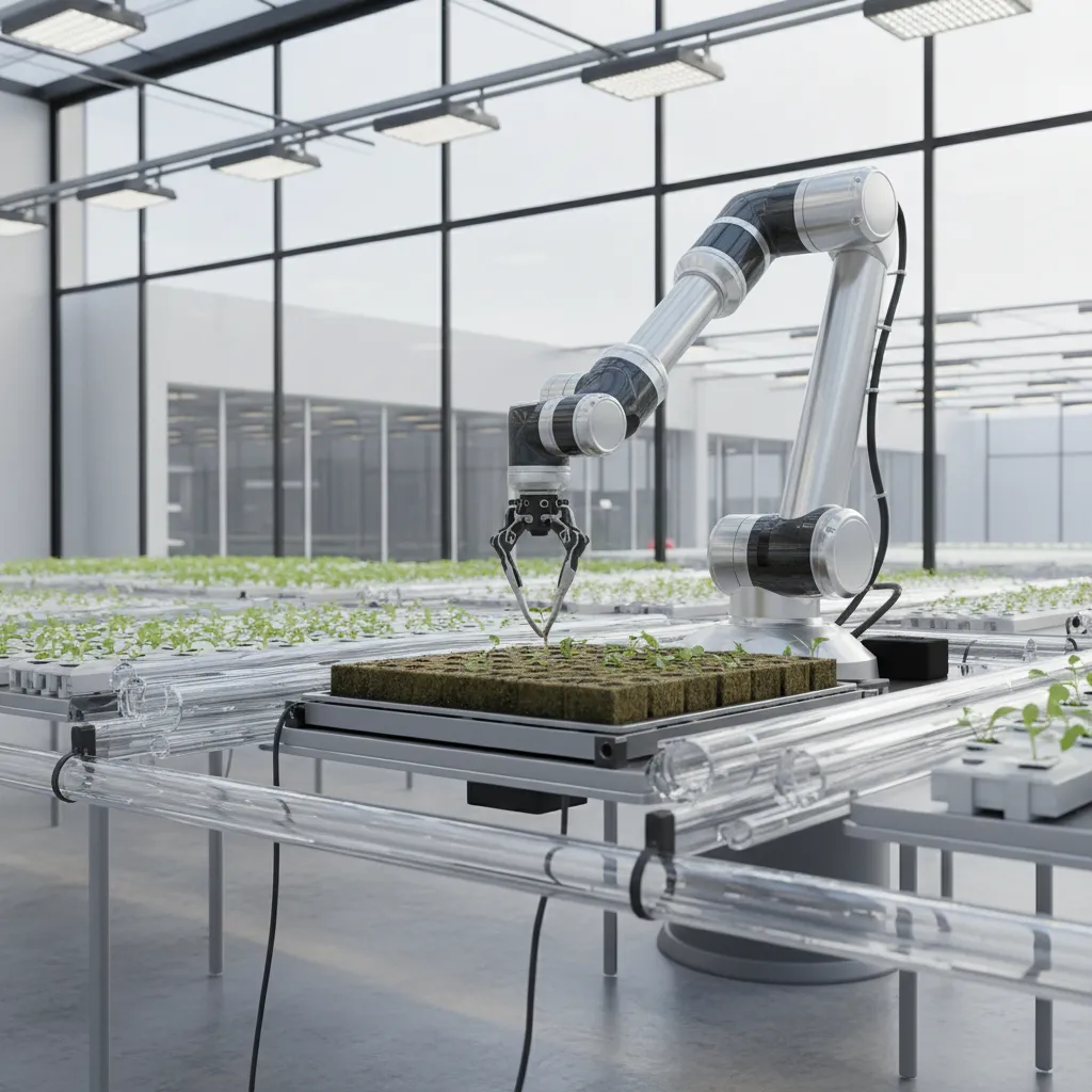 Robotic arm planting seedlings in a greenhouse