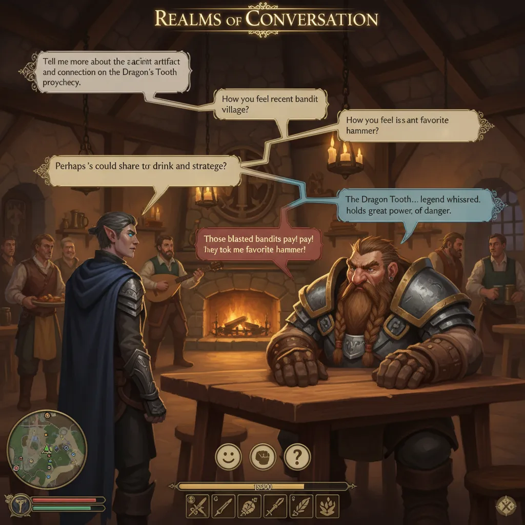 AI NPC engaging in deep conversation with player in fantasy RPG tavern