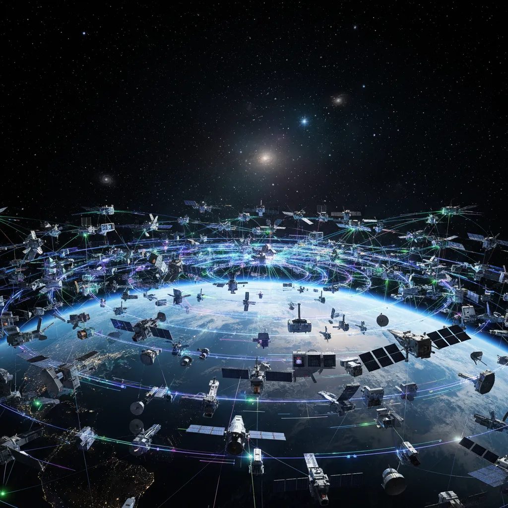 A complex network of satellites orbiting Earth, with glowing data lines for AI communication.