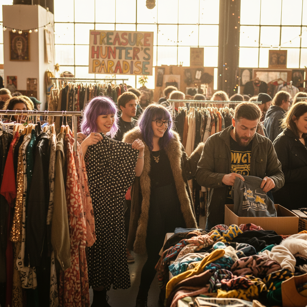 People browsing and shopping at a thrift store or vintage market.