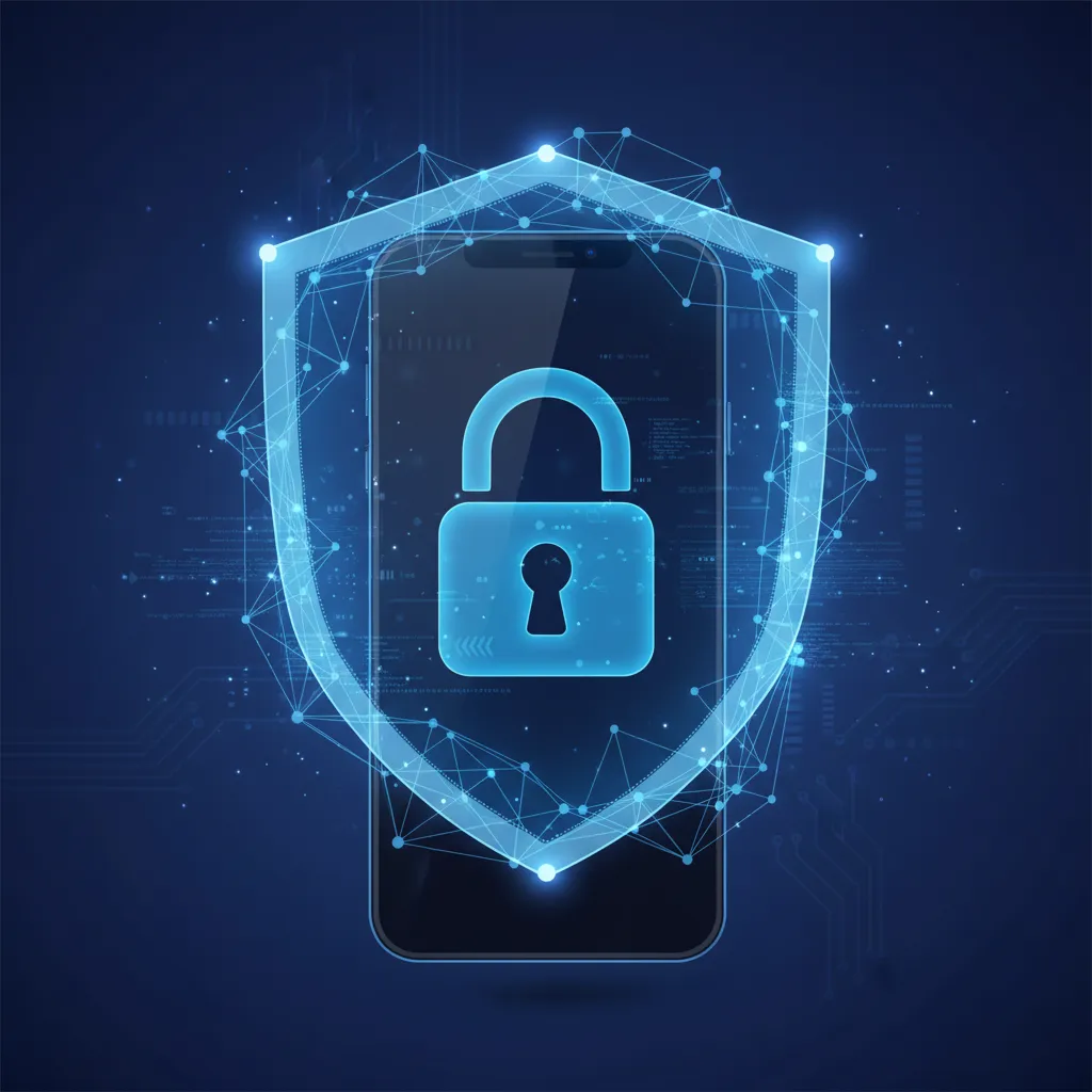 A smartphone with a glowing digital lock and shield projected in front of it, representing robust AI data security and privacy.