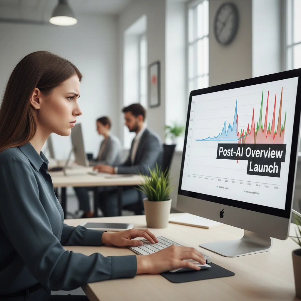 A digital marketer analyzing a keyword ranking chart that shows volatility after the introduction of AI Overviews.