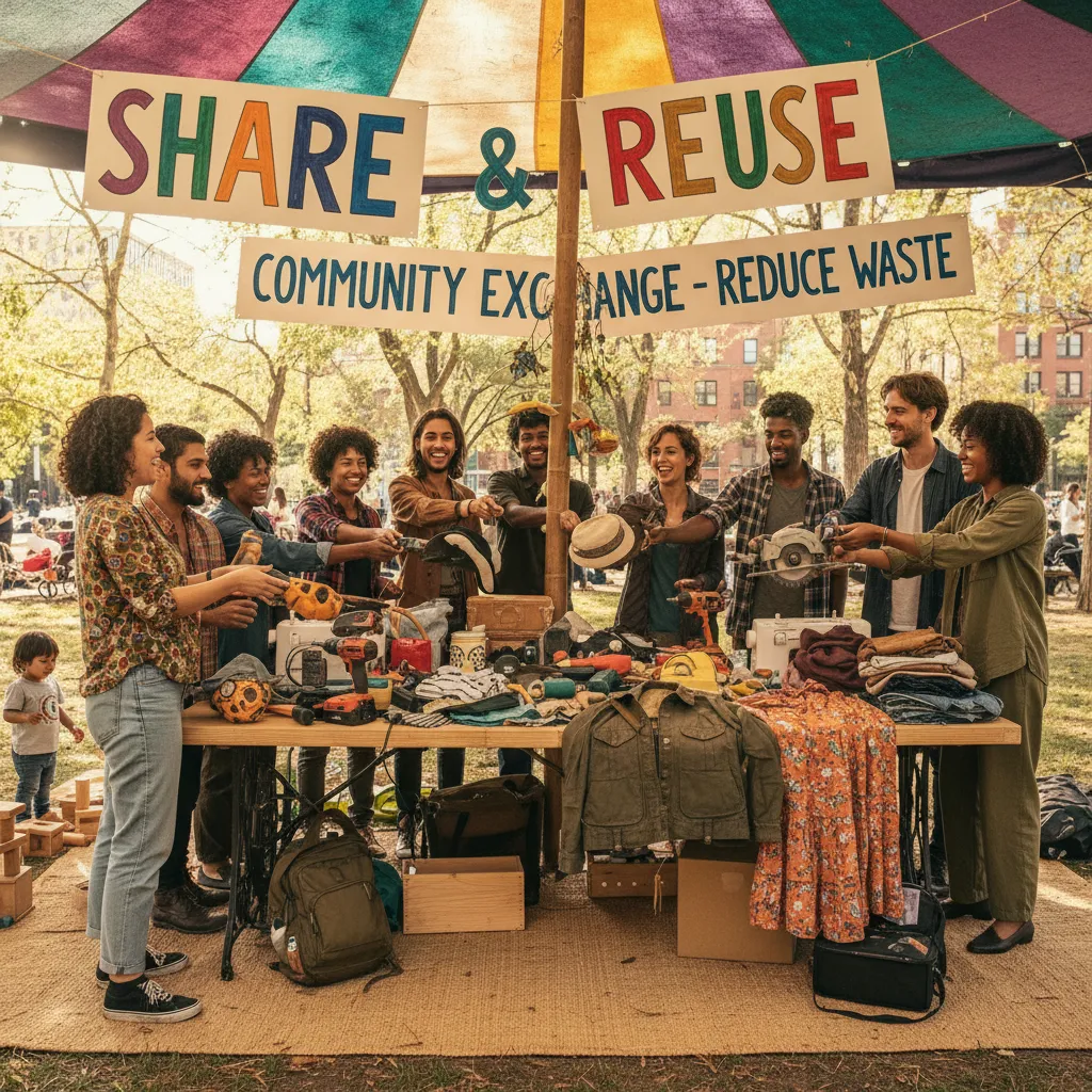 People participating in a community tool library or clothing swap