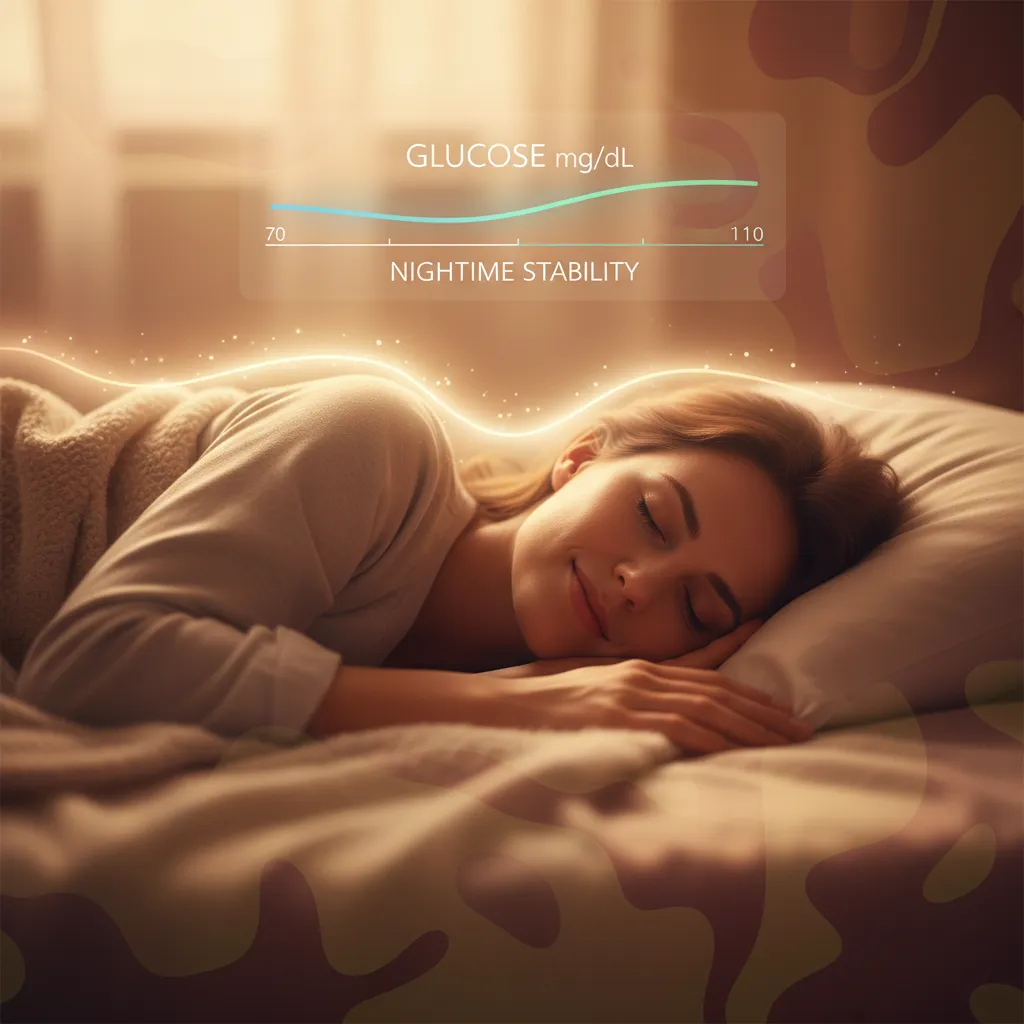 Person sleeping peacefully with overlay showing stable nighttime glucose levels