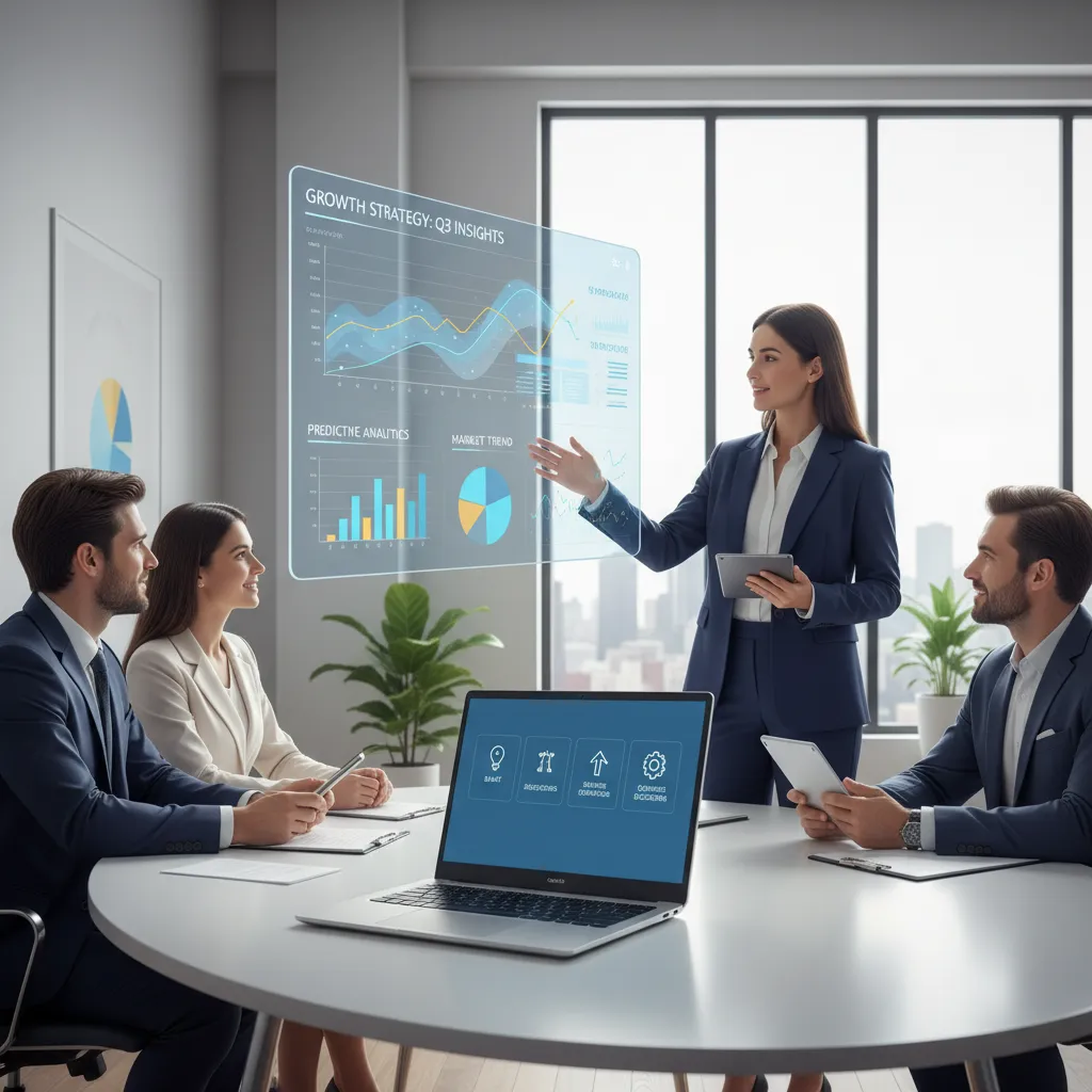 Small business owner presenting dynamic, AI-generated insights from a Copilot+ AI laptop to clients