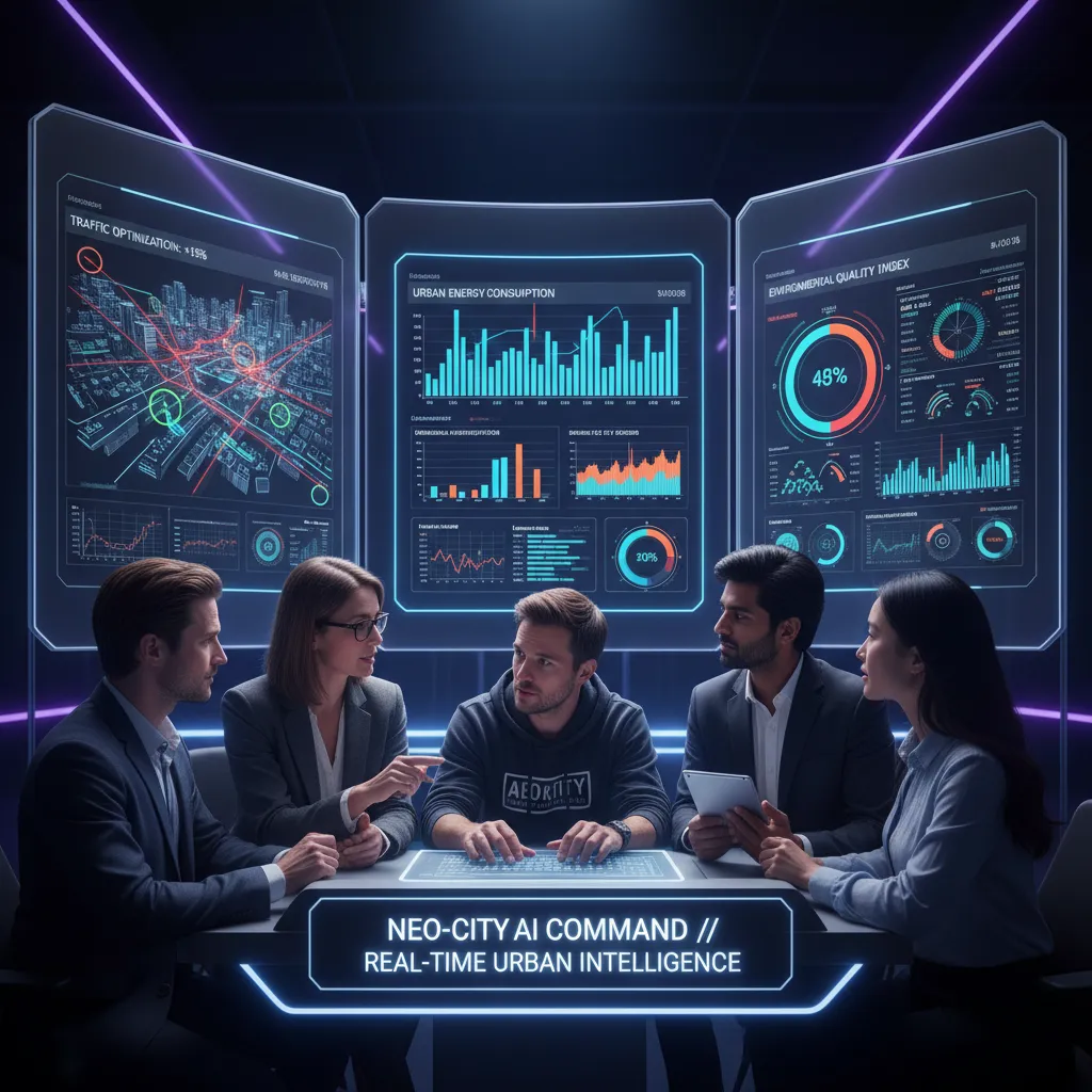 AI-powered urban control center with real-time data dashboards for traffic, energy, and environment.