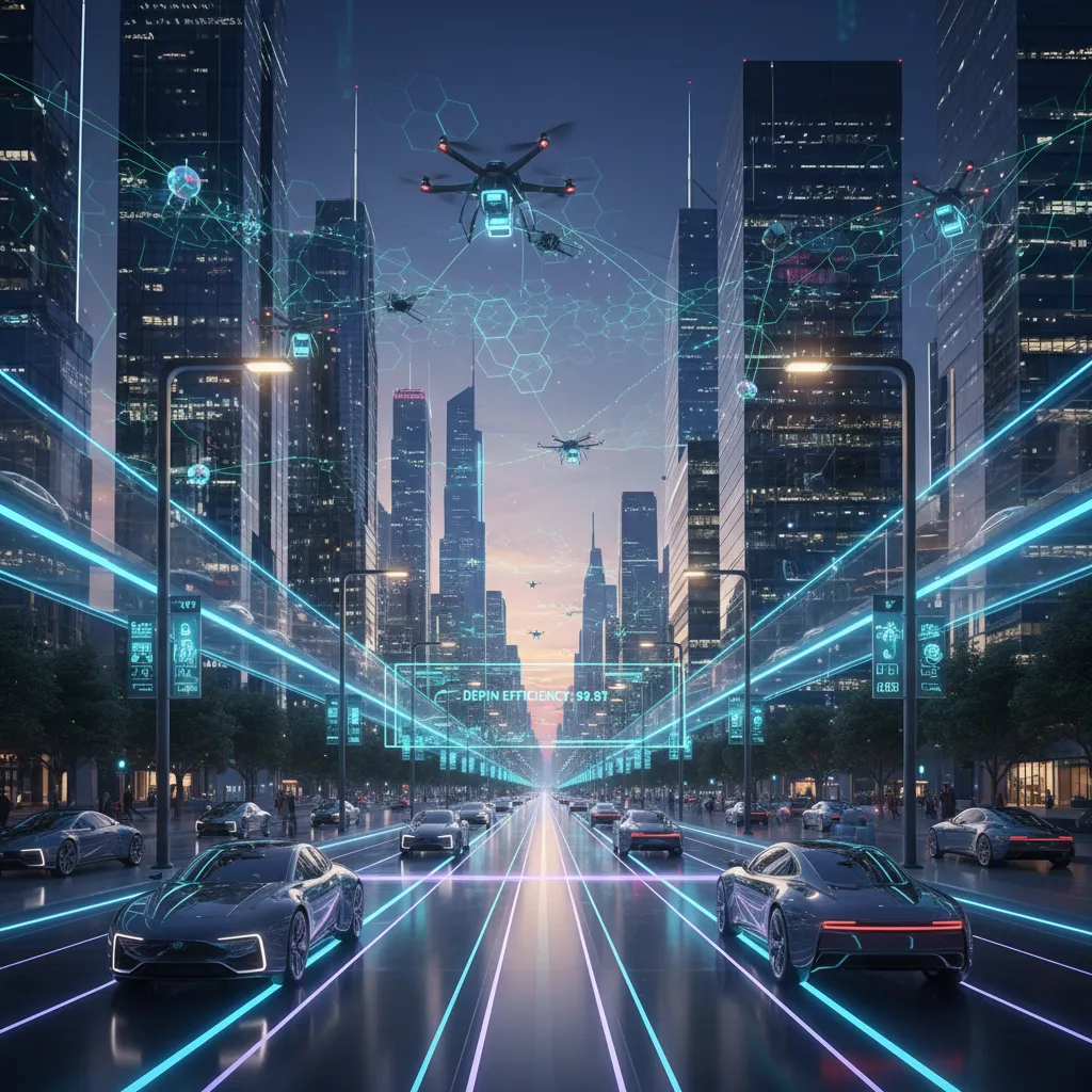 Futuristic smart city with autonomous vehicles connected by DePIN networks