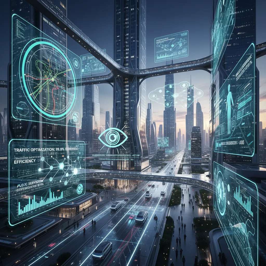 Futuristic cityscape with transparent AI smart systems monitoring operations