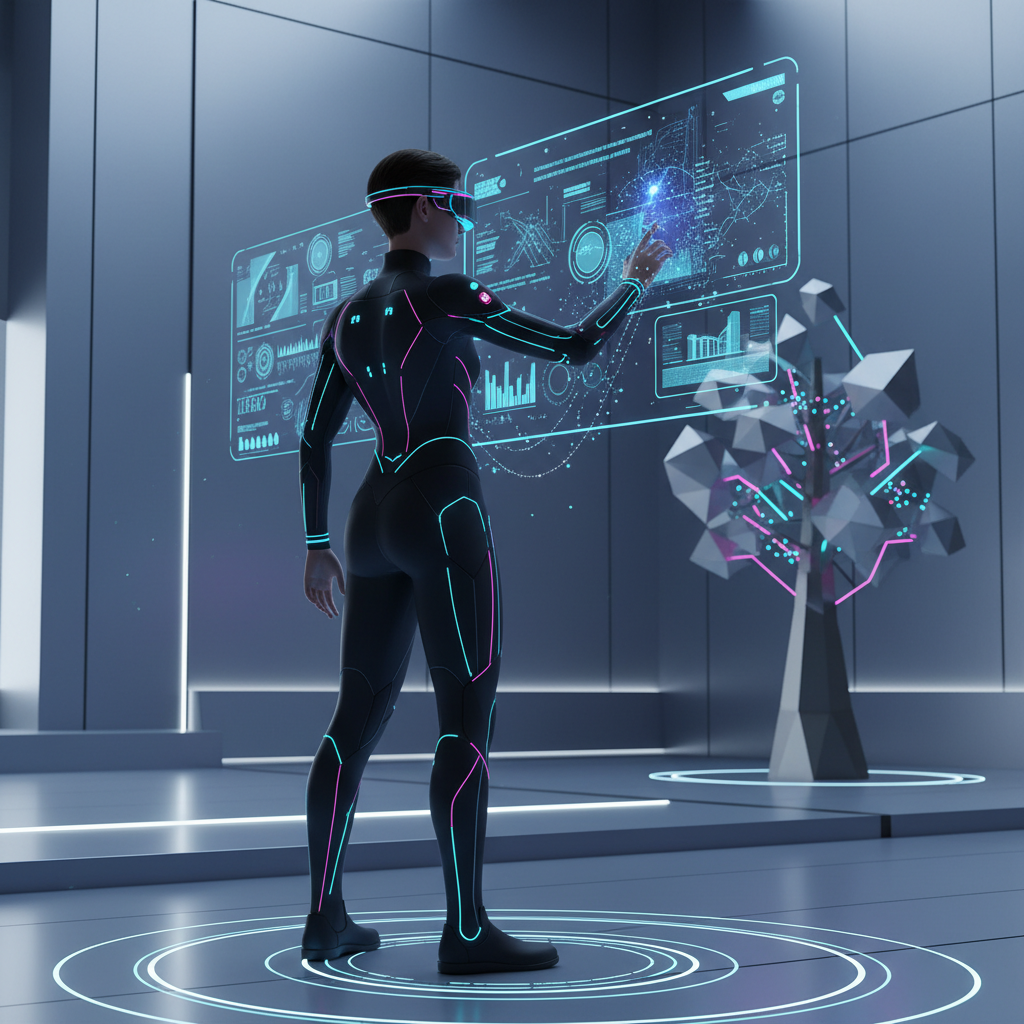 Person using augmented reality glasses with augmented reality glasses with smart clothing for futuristic interaction.