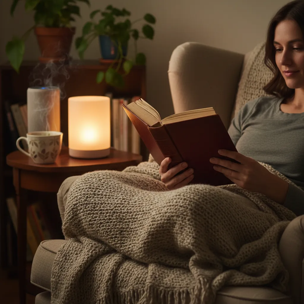 Cozy home living room with a smart device enhancing relaxation through ambient lighting and sound.
