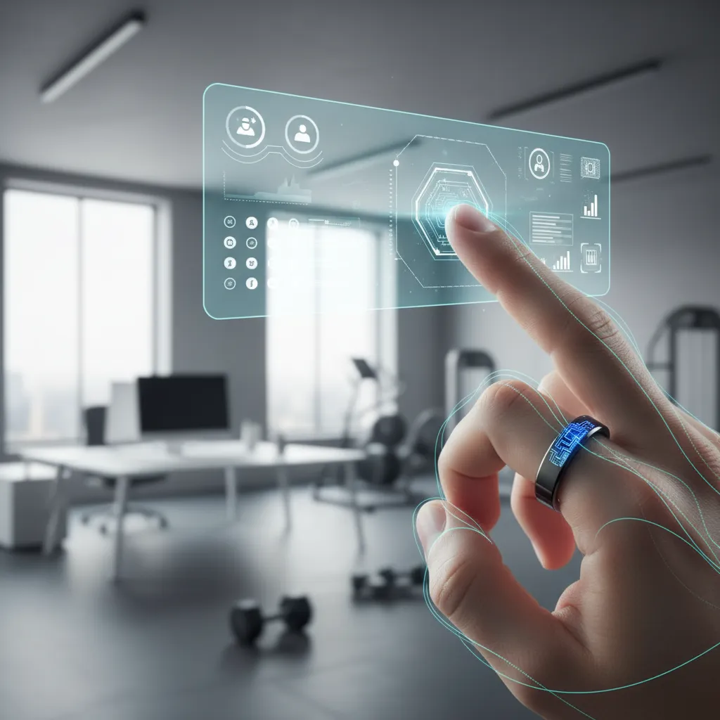 Hand with smart ring, glowing lines, modern office background