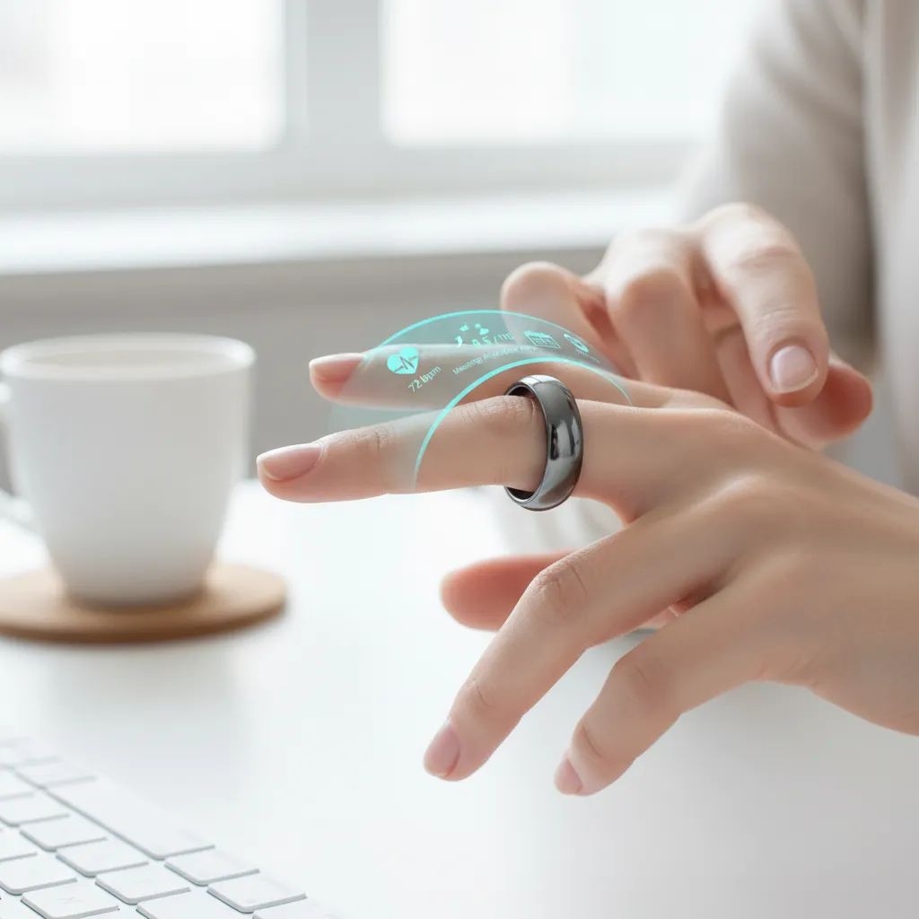 Hand interacting with smart ring showing health metrics