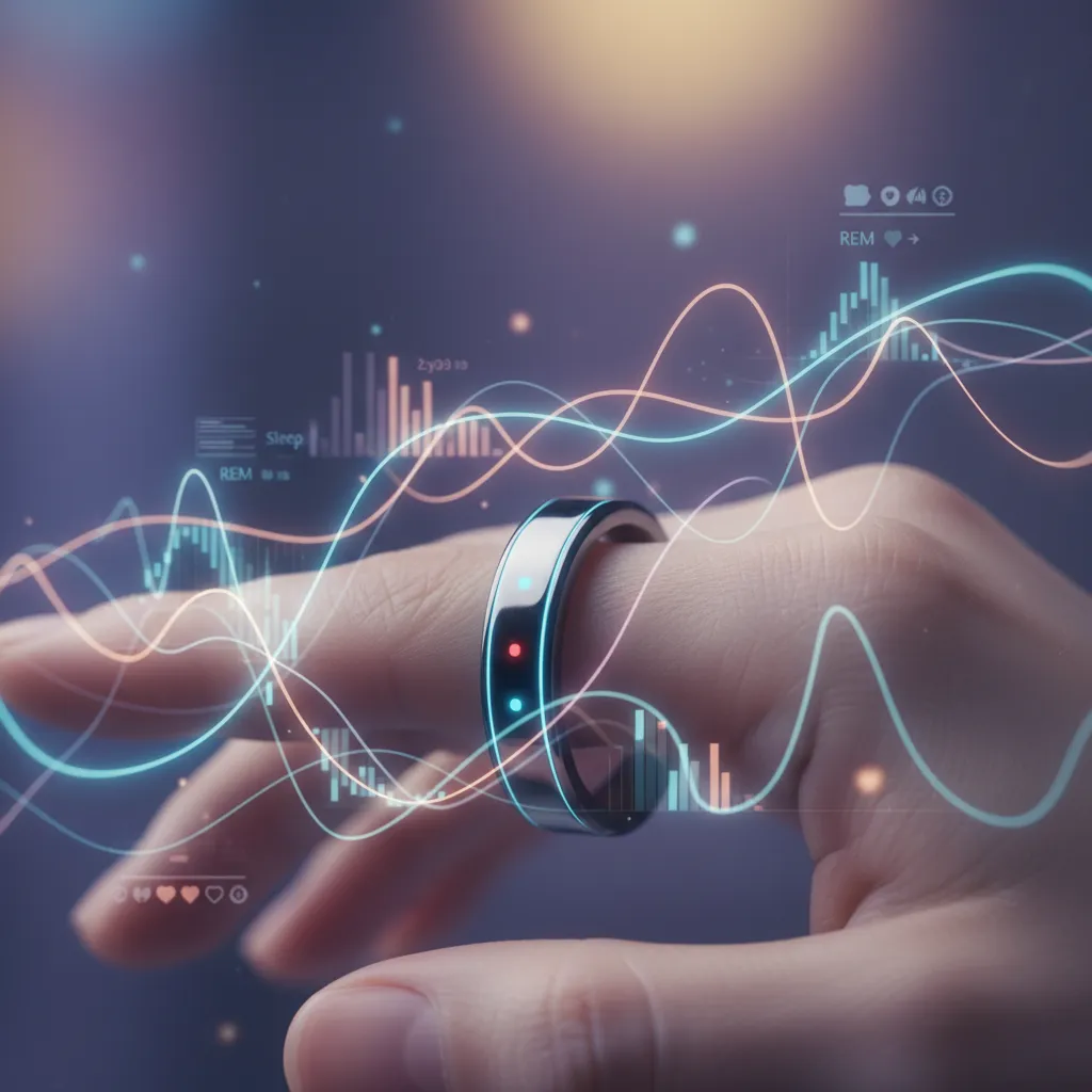 Close-up of a smart ring tracking sleep and heart rate data.