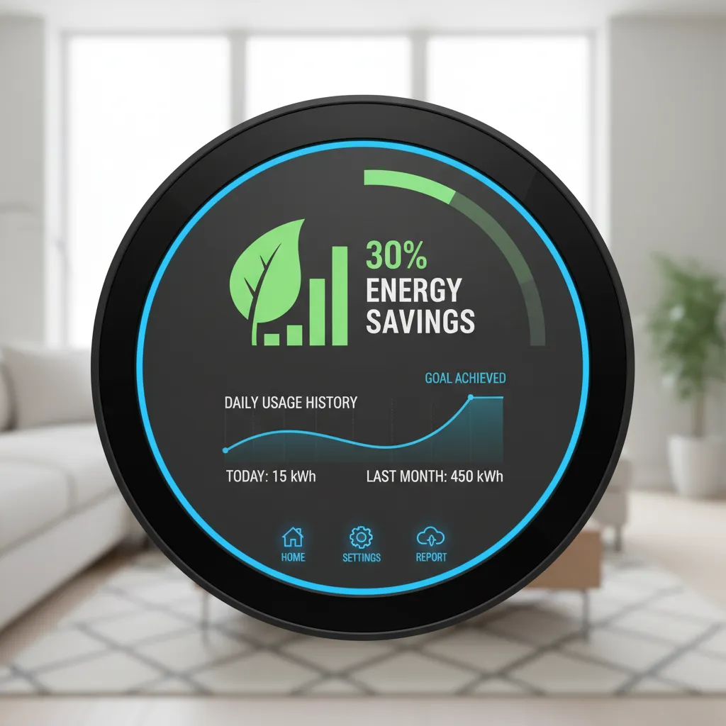 Smart thermostat showing energy savings