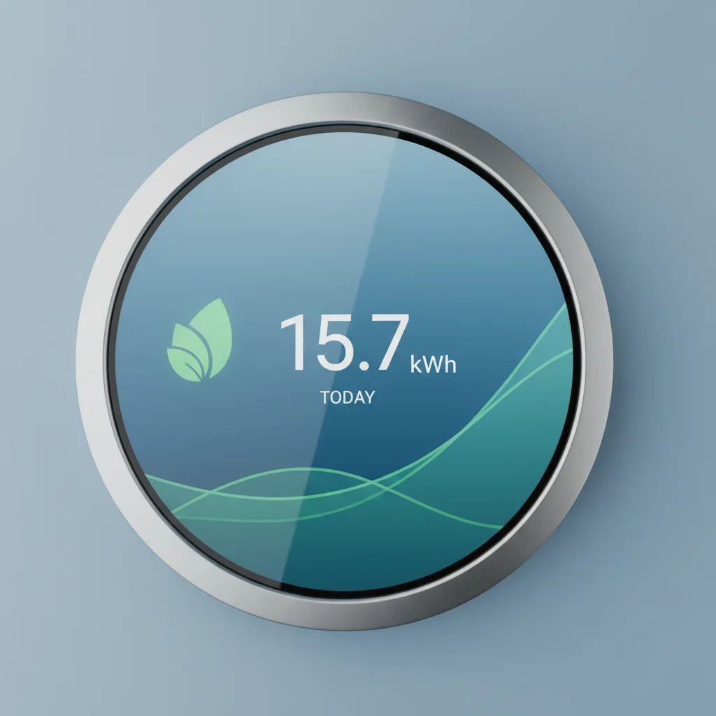 Smart thermostat showing real-time energy data with green graphs and leaf icon.