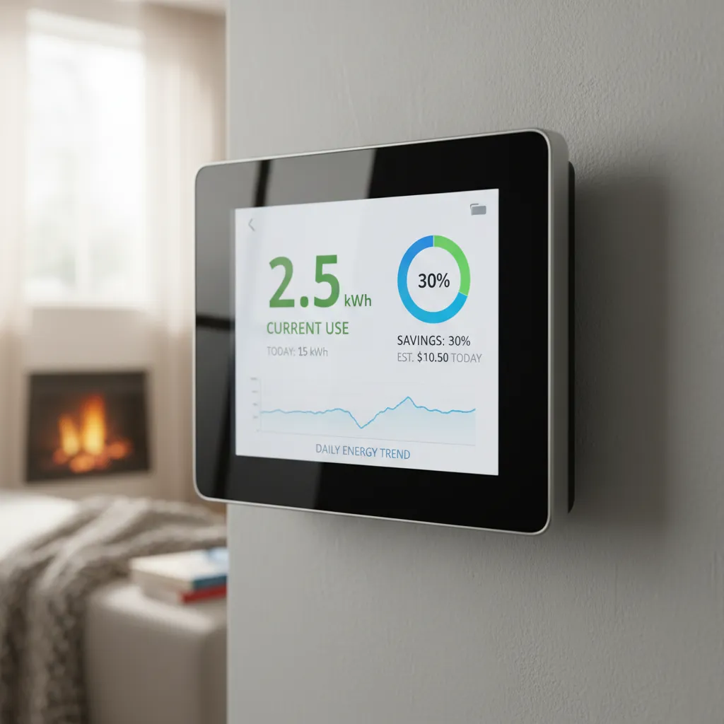 Smart thermostat showing energy savings