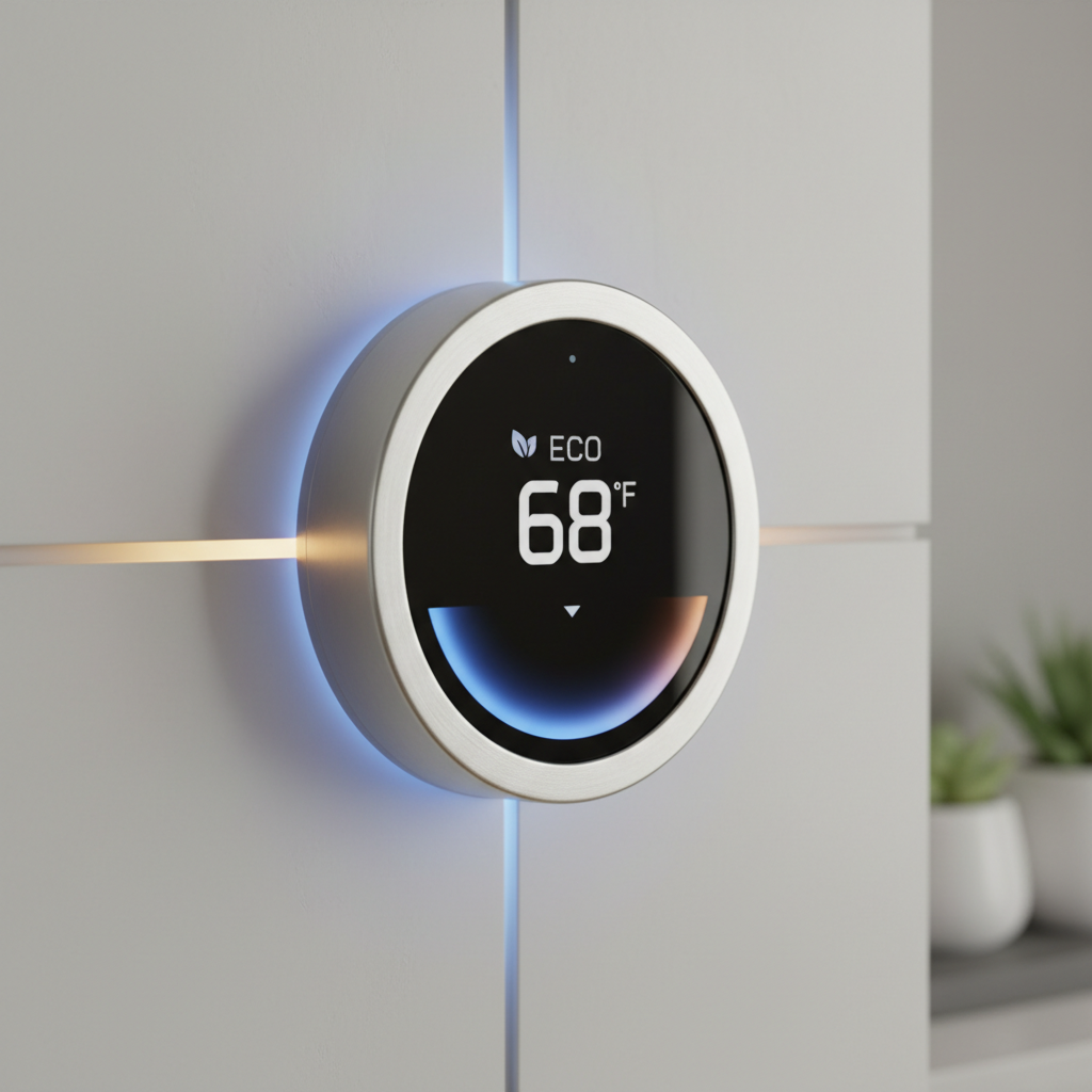 A modern smart thermostat displaying energy savings in a home.