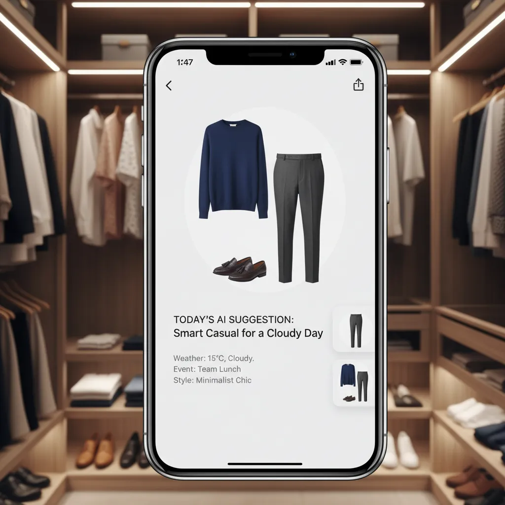 Smartphone showing an AI-powered wardrobe management app with outfit suggestions