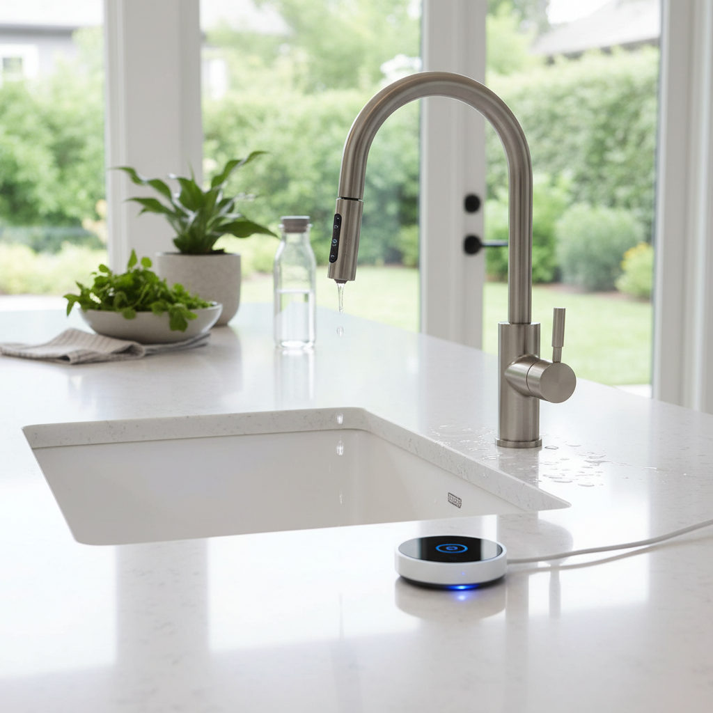 Smart faucet and water leak detector in a modern bathroom, emphasizing water conservation.
