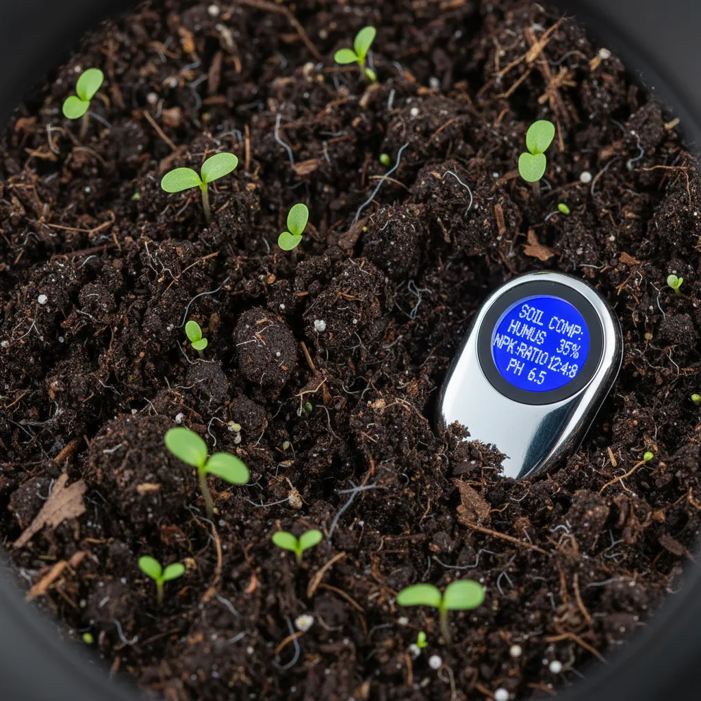 Close up of rich, healthy soil with AI sensor